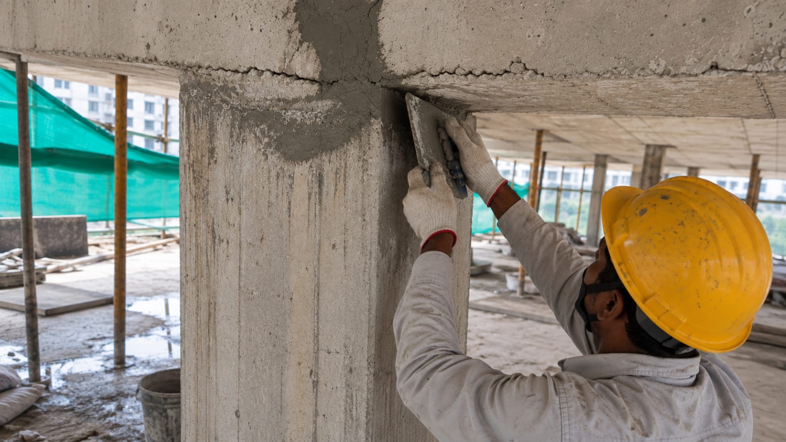 Applicator filling and finishing a crack at a concrete beam and column junction