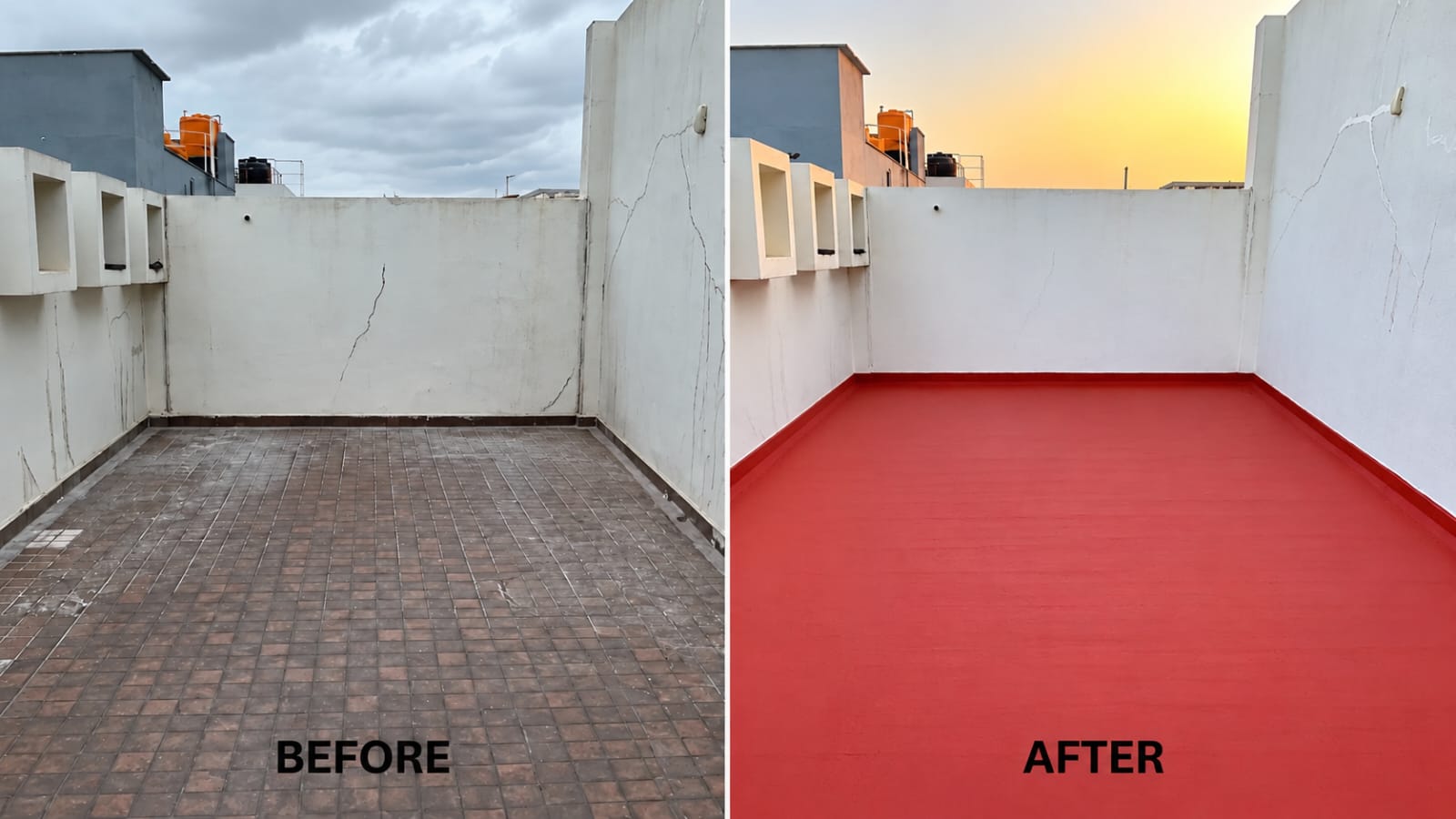 Before and after of a terrace: cracked, water-stained tile floor and damp parapet walls before, and a smooth red waterproof coating with clean walls after