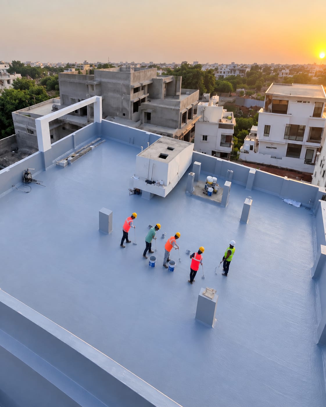 Five applicators rolling waterproof coating across a full rooftop terrace at sunset